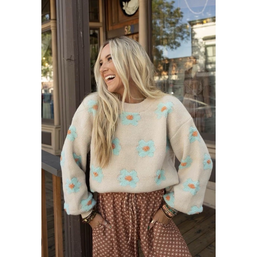 POL Women's Rainy Bloom Crewneck Sweater Floral Embroidery Size S Boho